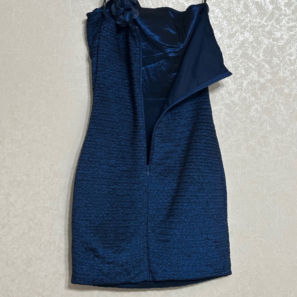 XXI Forever One Shoulder Navy Blue Textured Mini Dress Bodycon Sheath Party Sz S - Picture 4 of 7